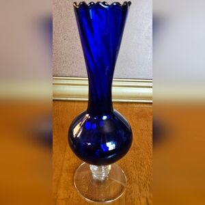 Vintage Handblown Cobalt Blue Glass Bud Vase with a Clear Pedestal Base